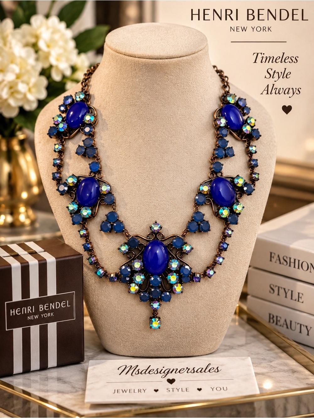 henri bendel cobalt blue and iridescent statement necklace